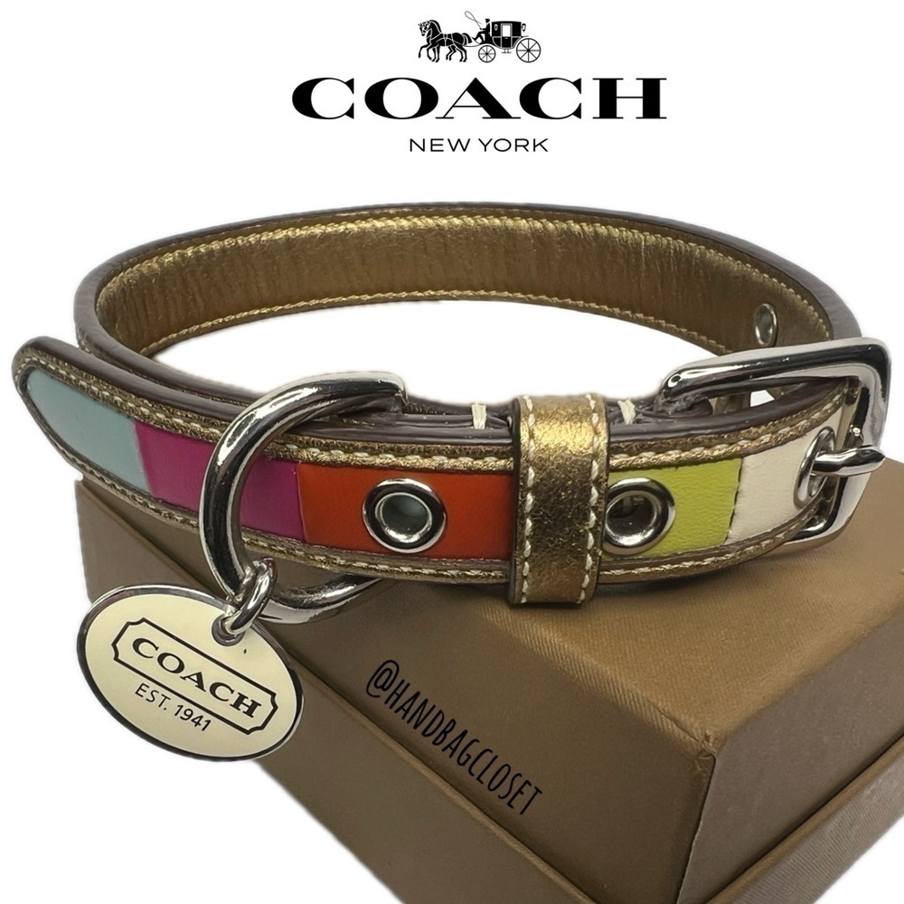 Coach Legacy Striped Leather Vintage Pink Blue Size SMALL Dog Collar - Picture 2 of 16